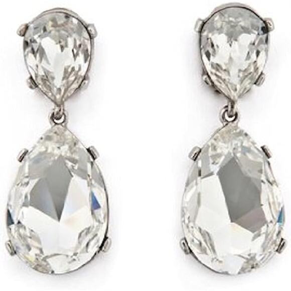 Kenneth Jay Lane Clear Crystal Teardrop Pierced Drop Earrings Silver Tone 1980s - Picture 1 of 10